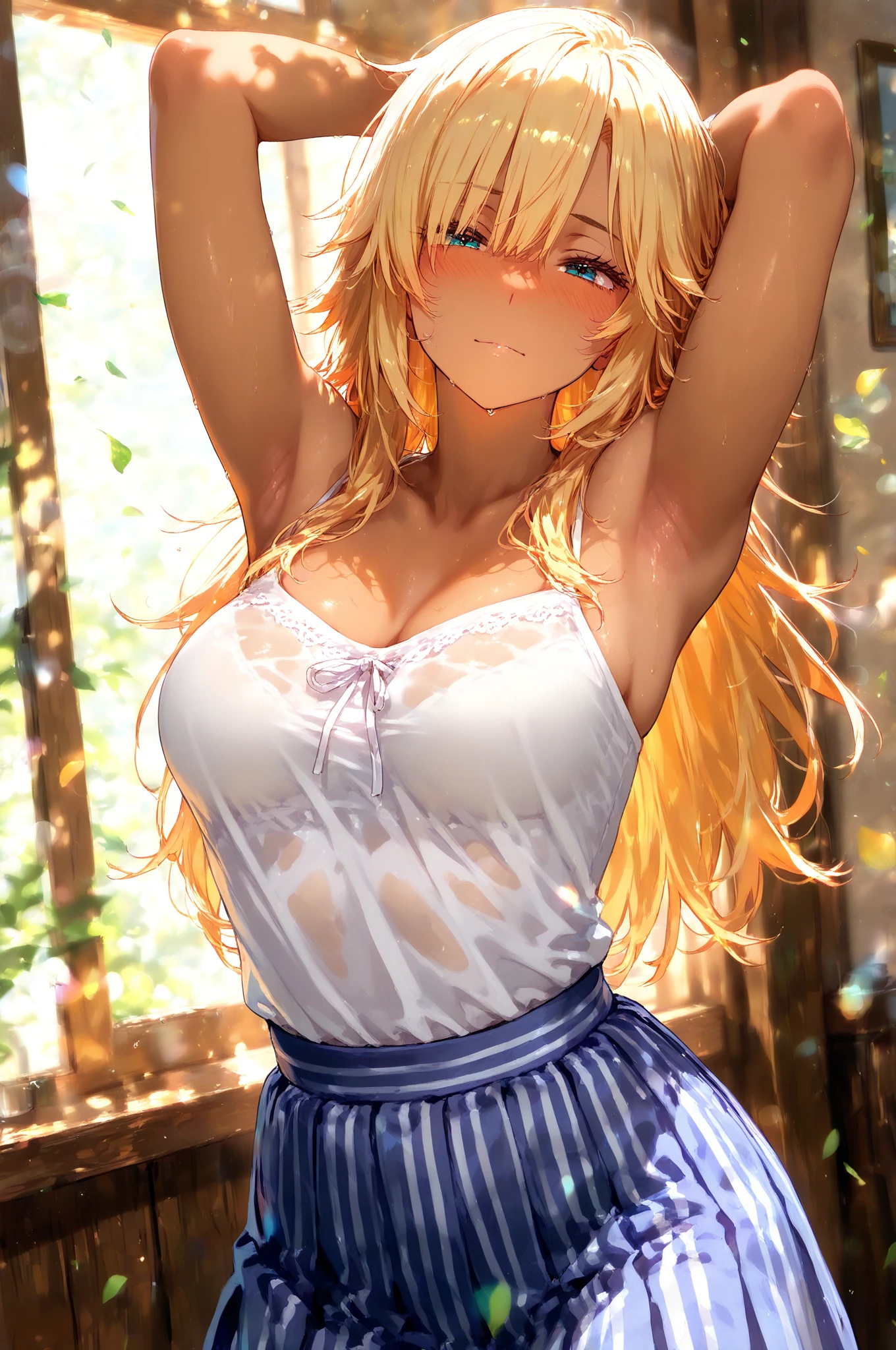 (​masterpiece), (top-quality), sunset, natural lights, (1 girl), large tanned breasts, wet skin, sweaty skin, wavy blonde hair, translucent t-shirt, stunningly beautiful girl, in a natural environment with wet sheets and trees, sunset, Top resolution,  soft lightning sultry look, seductive
