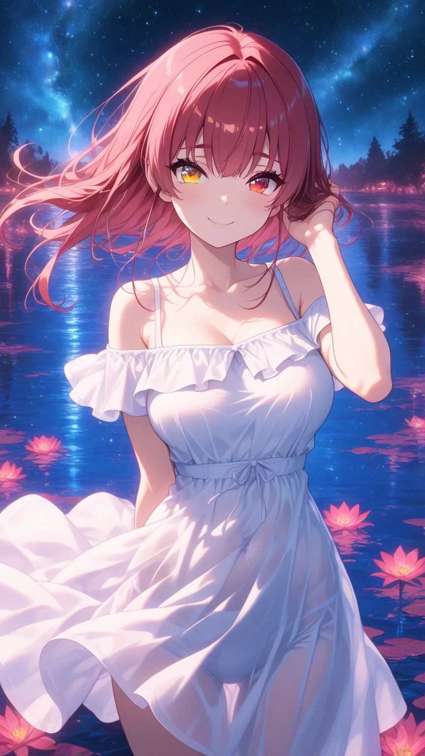 highres, 1girl, natsukawa aika, small breasts, evening gown, outdoors, sky, night, river,