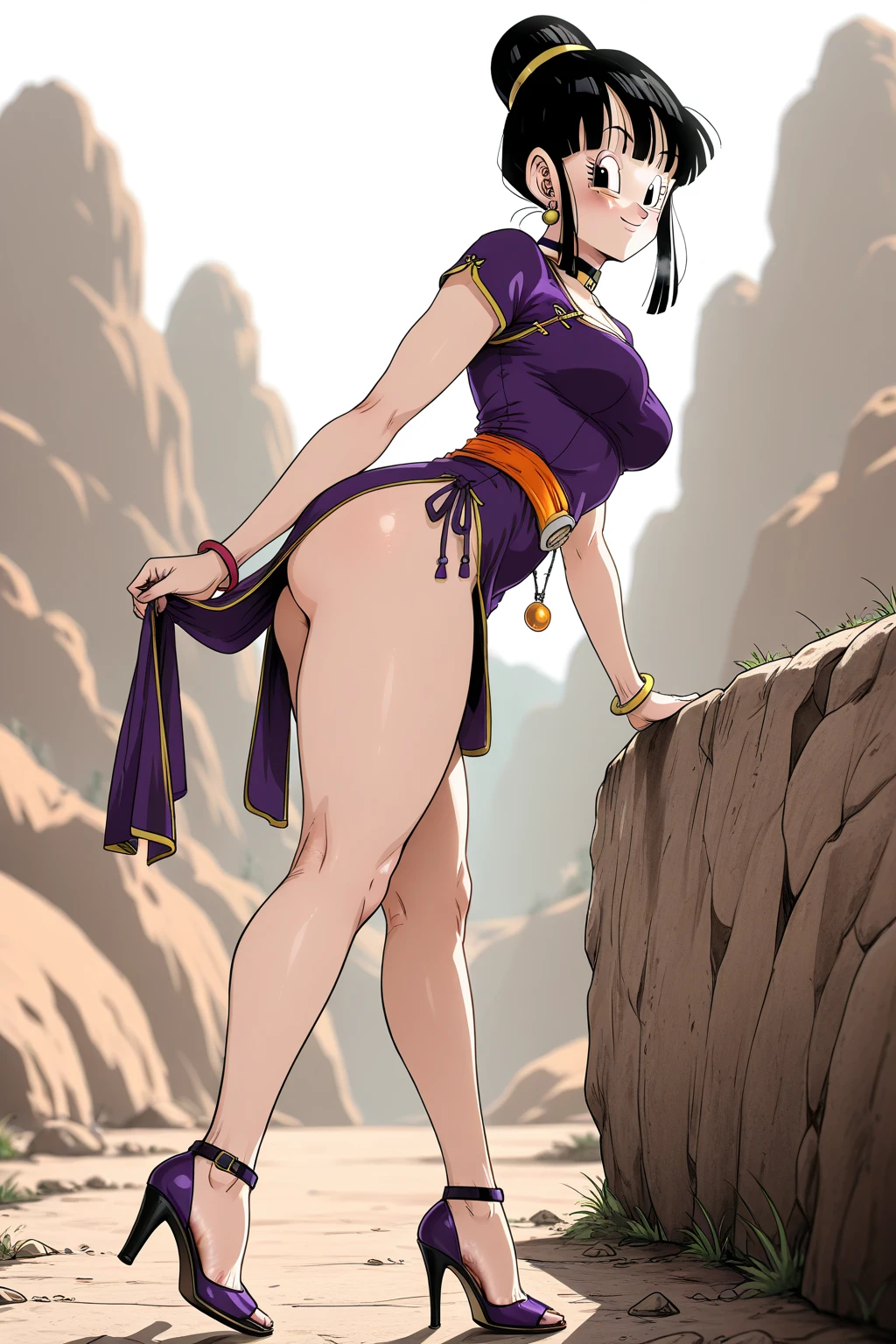Kale, masterpiece, best quality, def Kale, black eyes, ponytail, bracer, standing, looking at viewer, nervous, green sky, mountains, POV, micro bikini , micro thong v-string, small bikini , Big Breasts , Developed body, super sexy and attractive , Super tight micro bikini