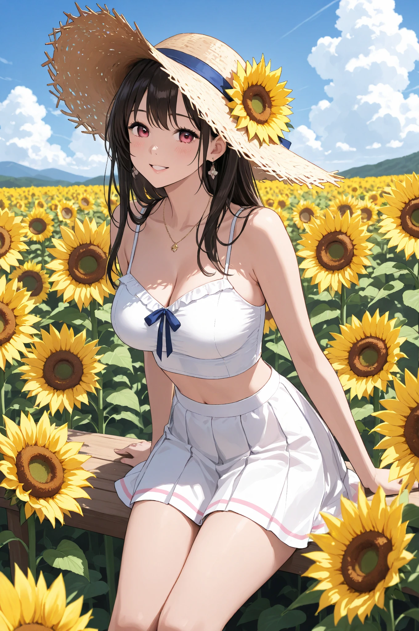 (top-quality、masterpiece、A hyper-realistic)、Portrait of beautiful and delicate girl with soft and peaceful expression、The background landscape is、It is a hill full of sunflowers and clouds。a beauty girl、Sheer naked apron、Sleeveless、Back elongation、Hold the straw hat over your head with both hands、No clothes、No panties、、A smile、Full Body Display、Sitting and M-shaped legs、Buttocks、Composition seen from the front、Spread your legs、Open your crotch、perspiring、getting wet、
