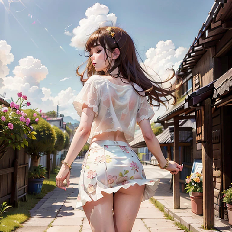 8k,High -level, absurd, masterpiece, best quality, primitive, very detailed CG, very detailed wallpaper, perfect lighting, (((The personification of "Spring Spirit"))), MysticSight, Tyndall effect, Tyndall scattering, (RoundlyButts, ThighGap), (Exposed:0.3), (Assfocus with looking ahead)