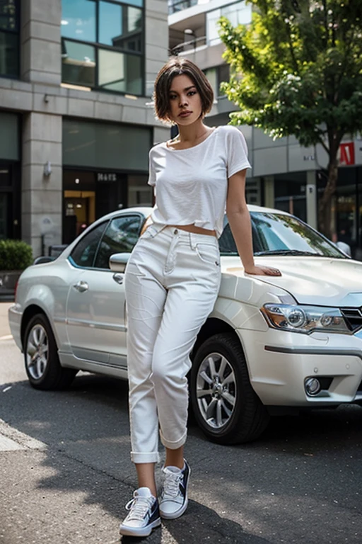 Street girl, casual style dress, white shirt with a flower pattern in the middle, no bra underneath, wearing beige jeans, chain sticking out of pocket, blonde hair, tattoo on right arm, blue eyes, ((full body)), ((perfect face)), ((perfect iris eyes)), hips, ass, walking in the city during the day, some cars and wall graffiti art on the street, social realism, realism, ray tracing, reflected light, high quality, high detail, super detail, 8k, 16k, Best quality