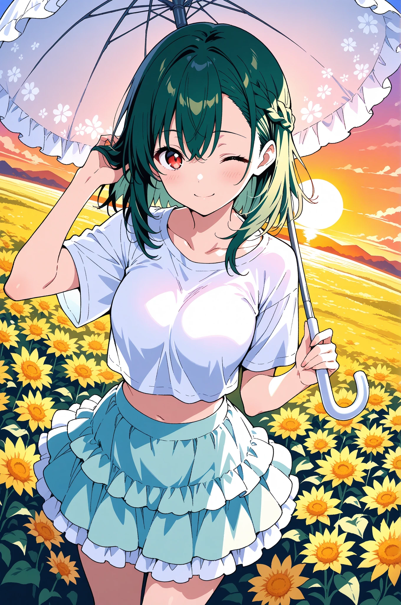 (Masterpiece), Best Quality, ultra-detailed, 1girl(zodiac_mallow , lovely small breasts, dark skin , green hair, long hair, twintails, headband, pink flower in hair, green eyes, half-closed  eyes) , wicked smile, solo,   head tilt, , t-shirts(loose,wet, see-through) , white  panty , outdoor, forest, night time, warm  lighting, campfire, tent, dance, sexy dancing, seductive , from_below 