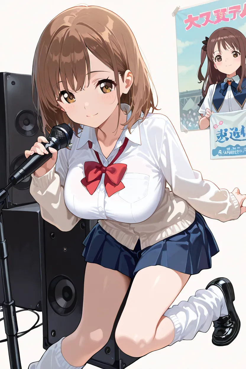 (realistic, photo realistic:1.2), ((highest quality)), beautiful face details, real human skin, pretty embarrassing, shimamura uzuki, skirt, (white panties:1.1), (open shirt:1.2), under breasts, hair ornament, ribbon, hair ribbon, sleeveless, hairclip, midriff, vest, red ribbon, wrist cuffs, blue thighhighs, Cowboy Shot, sitting on speaker, knees raised, spread legs, Cute face, deadpan, Looking at Viewer, (on stage), (stage lights), (crowd, audience:1.3), from below