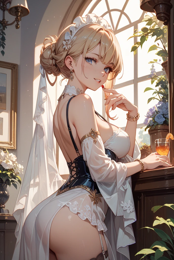 (A masterpiece of image quality in 8K),(from below:1.2),(Beautiful Allafed Woman),(((emphasizing breasts:1.0))),(Dynamic angles),(Dynamic and sexy bending pose:1.3),(sit a chair:1.3),(Short hair in shiny silver and orange inner colors,(perky chest:1.1), (pointed chest:1.3),small full breasts,Disturbance of clothing due to movement,breast slip,(Ponytail twisted buns adorned with elaborate braids and beads,Braided Setup Fishbone Hair,),(see-through bangs),small breasts、(((A white lace apron that shows your bare skin from under your small breasts)))、Blush with embarrassment、Enraptured eyes、A smile that beguiles the viewer、(Look back:1.2)、Look into the photographer,skin glistening with sweat,gazing at viewer,,(Professional Lighting),(8K,masutepiece,top-quality,Ultra-high resolution output image,),(Ultra HD with complex detail image modes),depth of fields,Beautiful hands,Beautiful fingers,Detailed finger features,(Detailed hair features:1.7),detailed facial features,detailed clothes features,