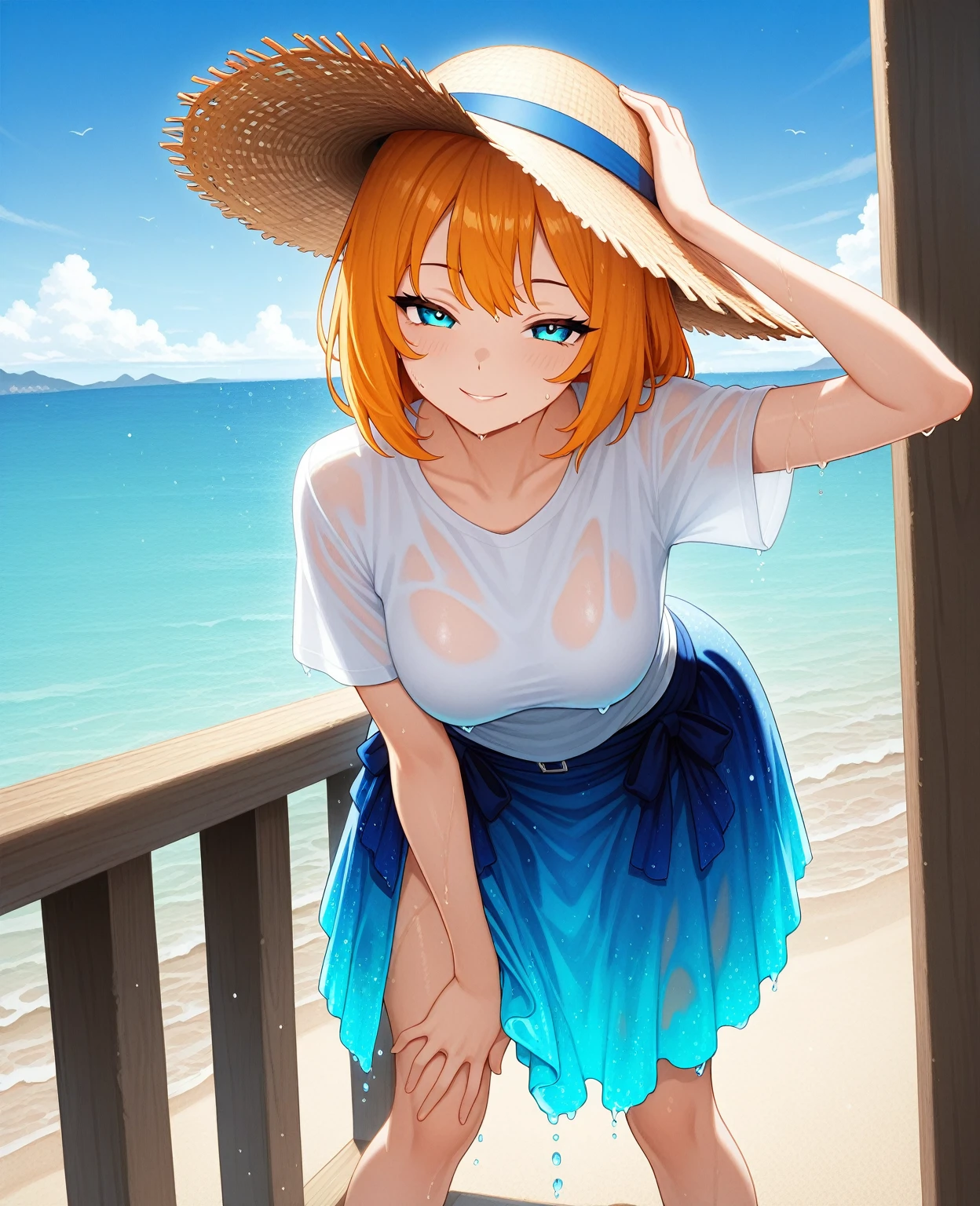 Yotsubanakano, Fourth floor Nakano, bangs, short hair, blue eyes, Hair between the eyes, Orange Hair, smile, Grin,Oversized T-shirt,Short sleeve,Yellow bikini swimsuit,barefoot,Wet swimsuit,Wet Skin,Wet Hair,whole bodyがイラストに入るように,
break outdoors,Ocean,Beach,
break looking at viewer,whole body, (Cowboy Shot:1.5),
break (masterpiece:1.2), Highest quality, High resolution, unity 8k wallpaper, (figure:0.8), (Beautiful attention to detail:1.6), Highly detailed face, Perfect lighting, Highly detailed CG, (Perfect hands, Perfect Anatomy),