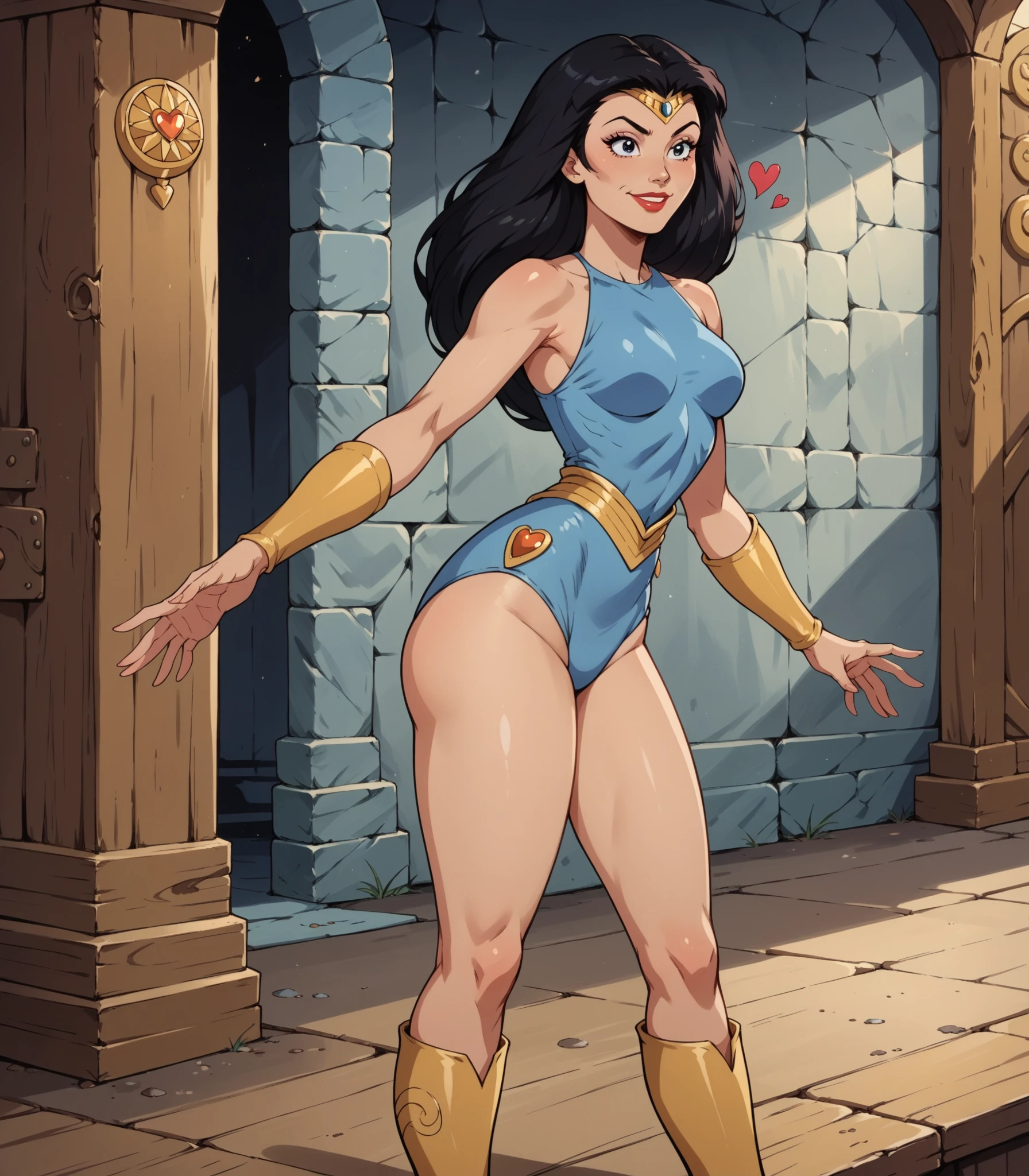 DC Comics, (emote:1), Eloise Mumford dressed as Dejah Thoris, by Frank cho and HR Geiger, barsoom, (sexy), black hair, ornate diadem, nearly naked, (1girl:1), (head shot), smiling, Gray background, NSFW