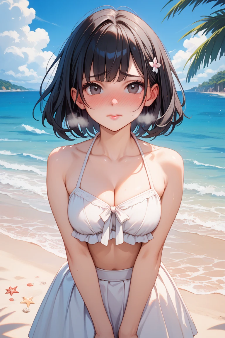 Short hair,bikini, white shirt wet,no bra, fashion hat