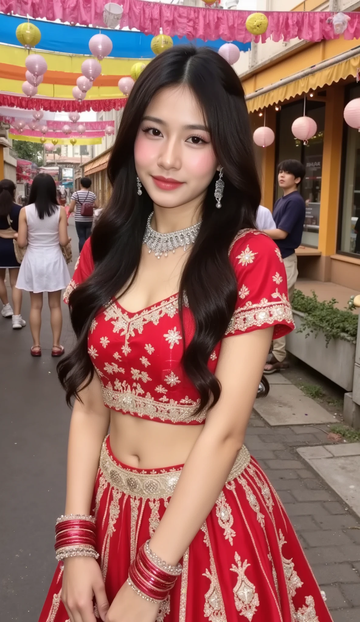 A graceful young Indian woman, around 18–20 years old, with glowing light brown skin and long, wavy black hair, wearing a traditional bright red and gold lehenga choli with intricate embroidery. Her look is elegant and joyful, with matching jewelry including bangles, necklace, and maang tikka. She’s standing in a vibrant outdoor festival setting full of colorful decorations, hanging fabrics, flower garlands, lanterns, and people in the background. Vertical 9:16 frame, full-body, ultra-detailed, 8K hyper-realistic, cinematic lighting and festive atmosphere.