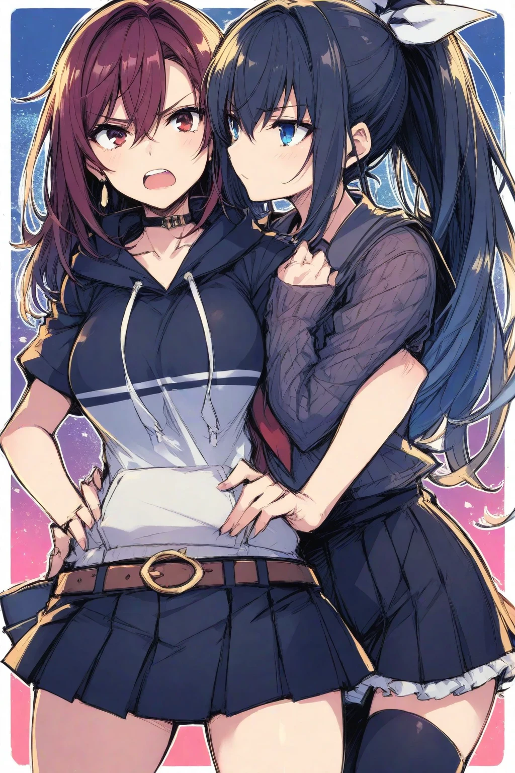 2girls,girl1:bbw、adolable,Black hair,Bob-cut hair,rcasual、Kisses and hugs、stare、NOWAI、Girl 2:adolable,A pink-haired,Long grey hair,rcasual。Kisses and hugs、stare、NOWAI