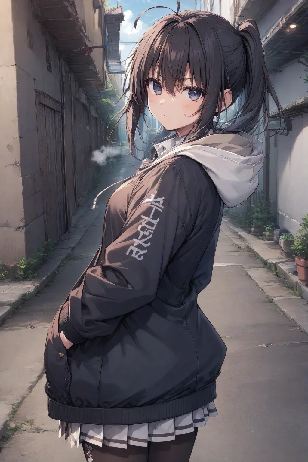 ((masterpiece, highest quality)), detailed face, 1 woman, full body esbian, Full of details, Tokyo, very detailed, depth, beautiful girl，sweater，Oversized clothing, knee high socks, High Balance, sun，Natural light，pastel colour