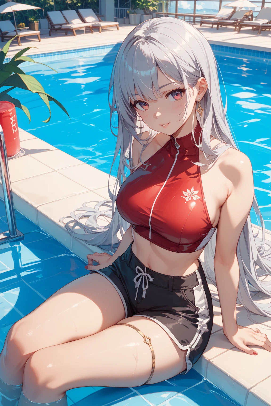 masterpiece, best quality, detailed, textured skin, pov, 1 girl, solo, kirlia, white hair, silver hair, red eyes, white skin, porcelain skin, surprised, naughty face, in a pool, nessa_outfit, sports bra, sportswear, wet clothes, clothes with transparencies, large breasts,