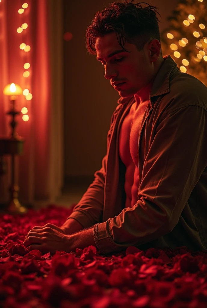 Muscular man with black skin, shirtless, dressed only in an underwear in a sensual pose on a bed in a room lit by candles. The bed has a canopy with red curtains. --auto