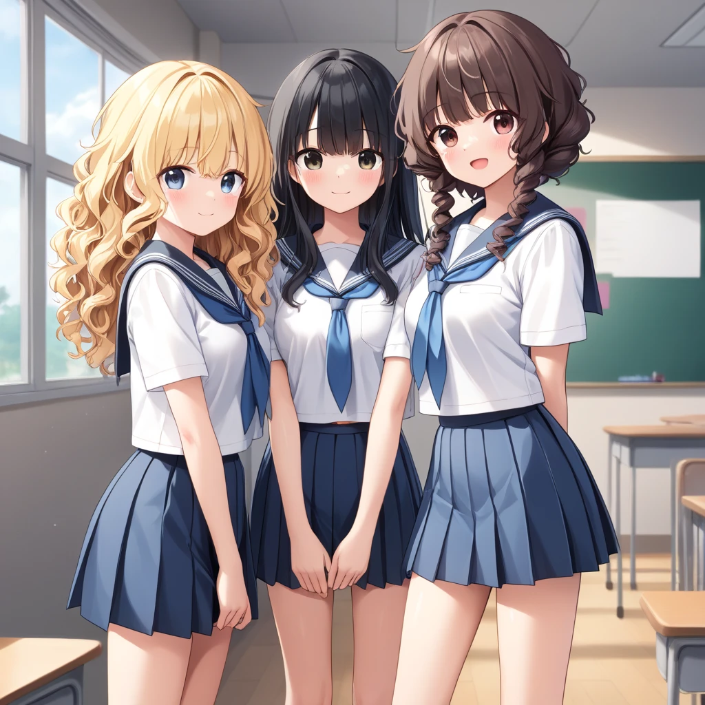 Plain white with emphasis on the chestTshirt、Ultramarine and white striped mini skirt、When you lift up her skirt you can see her cute white frilly underwear.、barefoot、library、Three girls of different heights Magical girl with a magic wand