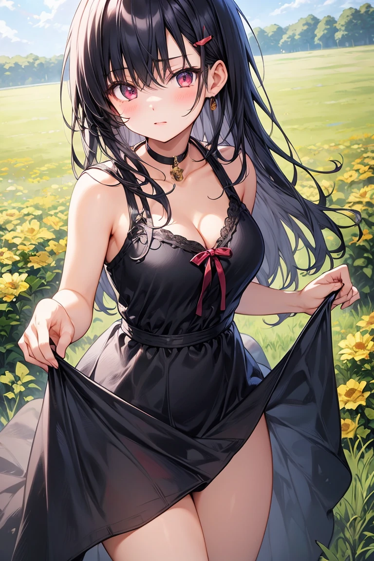 masterpiece, highest quality, One Girl, View your viewers, Small waist, RAWphotograph, Ultra-realistic, High resolution, photograph, Sharp focus, Most detailed, very detailed eyes,Idol、Thighs, beautiful girl,Small waist,Symmetrical face, whole body、Cleavage、Large Breasts、Beautiful clavicle、Long Hair、Open Thighs、Beautiful belly button、Beautiful Cleavage、Shaking breasts、After bath、Grass、Shyness、Happy expression、Embarrassing expression、Lying down,Being given a bouquet、uniform