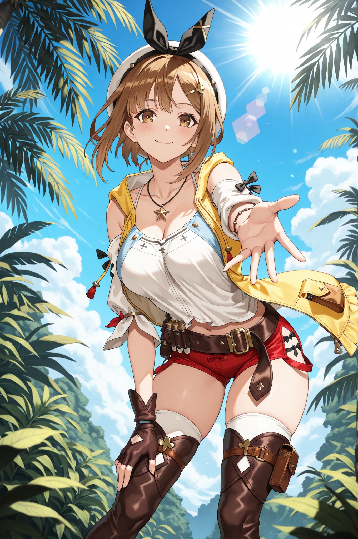 (masutepiece, Best Quality:1.2), Cowboy Shot, Solo, 1girl in, Hiryū, Smile, Looking at Viewer,Yellow Bikini、One side up, , partially fingerless gloves、The background is professional wrestling、is standing、Facing the front