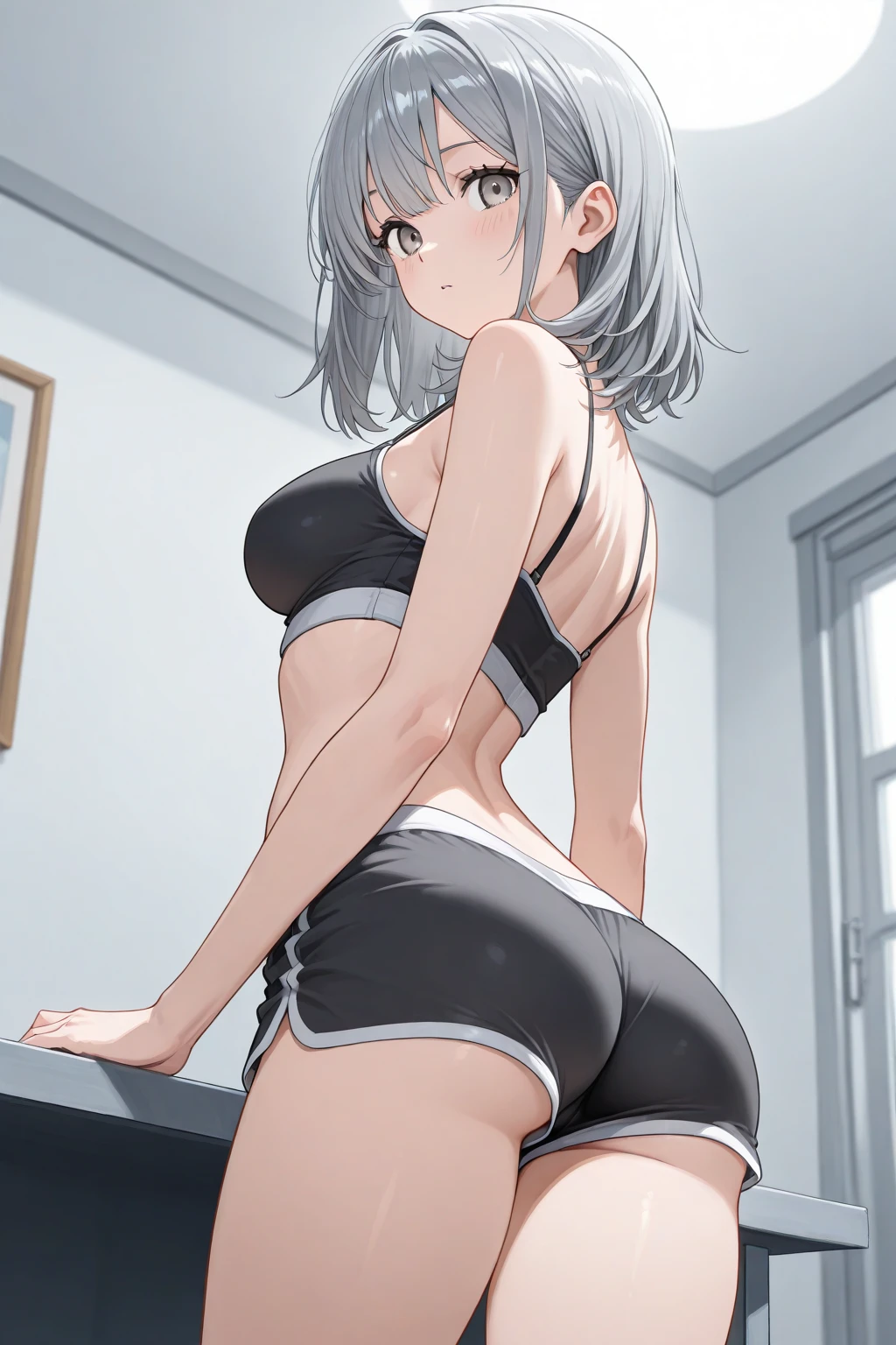 Beautiful MILF in sports bra and sexy panties, silver short hair, Looking down on the viewer with a mocking smile、A look that fools the viewer、Looking down at the viewer、She looks down on the viewer with a cute smile, Highly detailed and realistic, masterpiece quality, Very detailed, High resolution, Studio Lighting, Vibrant colors, Physically Based Rendering, (Thick thighs: 1.2, Beautiful thighs:1.2, Big Ass: 1.2)、((Sweat)),