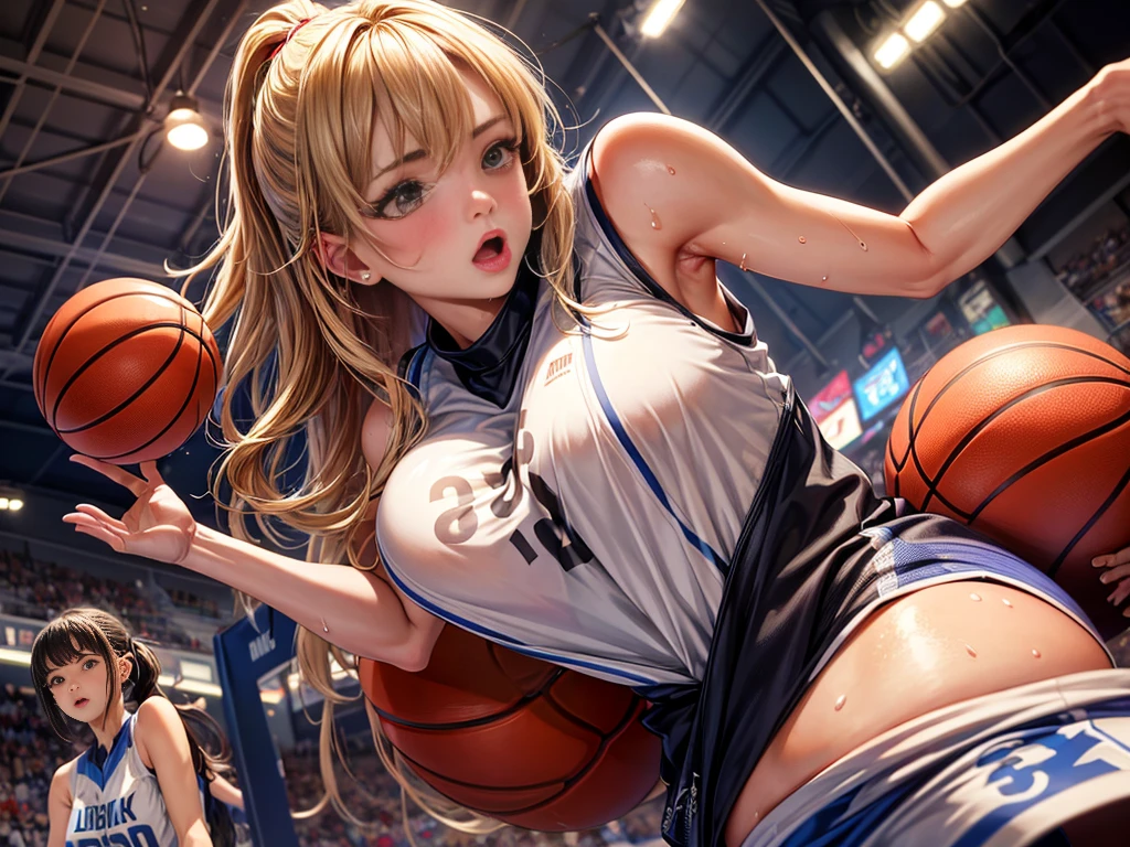 (Best Quality, masutepiece),ultra detailed photographic,1girl in, Female basketball players ,Large breasts,nice legs,At the basketball venue,Detailed beautiful face,Beautiful eyes,detailed hairs,detailed clothes,Detailed realistic skin,Cool,Dynamic Angle, wearing shorts