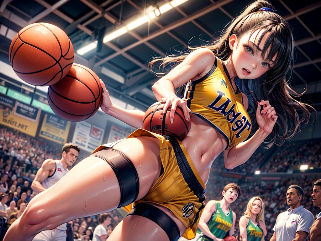 (hight resolution, Best Quality, Masterpiece:1.4), (young girl :1.3), sparkly skin, Narrow hips, Teeth on the skin Big breasts, (Woman in basketball clothes:1.3), Basketball jersey, basketball shorts, Short shorts, Sweating Lots, (On the basketball court:1.2), (Her panties are visible under her shorts:1.2),  taut clothes, pubic hair, The expression of an angry face, Blushing, Beautiful background,