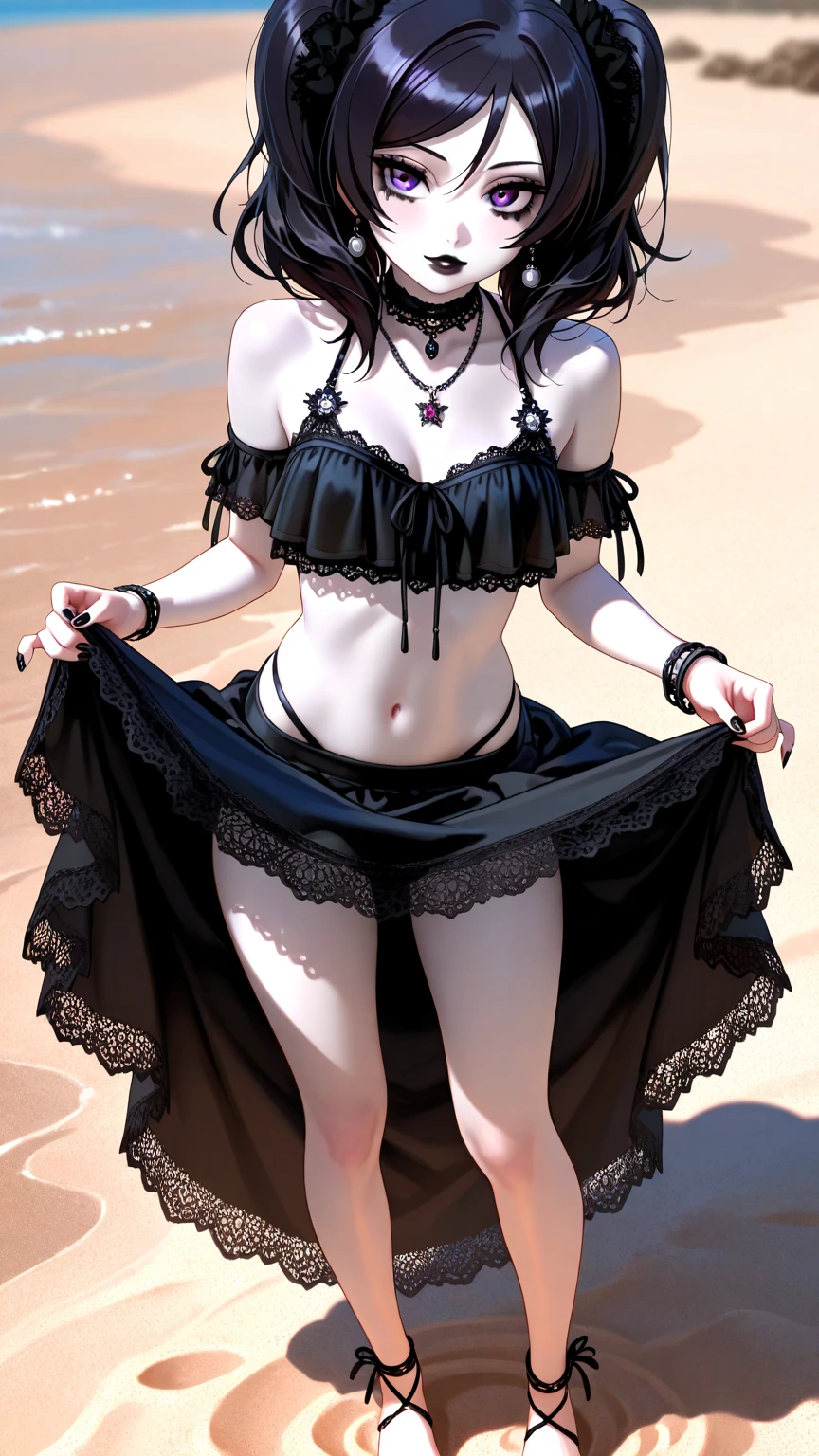 1girl, Kurumi Tokisaki, bikini girl, beach , 4k resolution, eyepatch, frilled bikini, centered