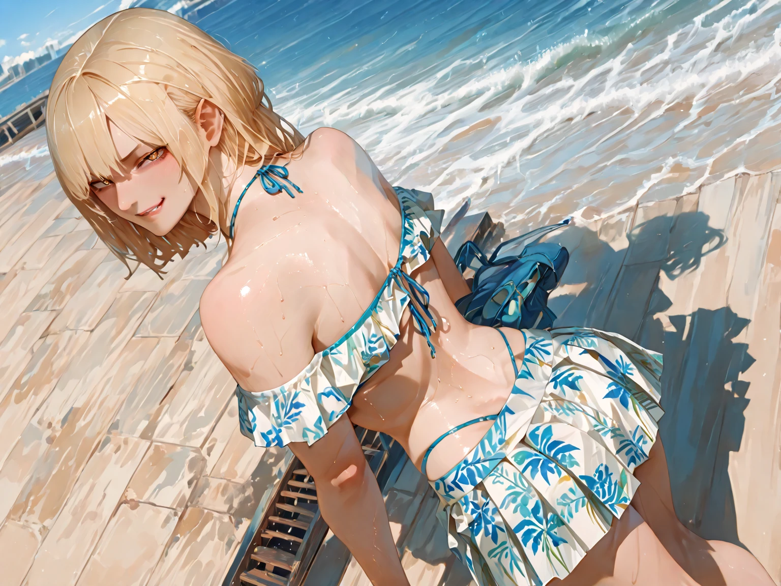 ultra realistic, wet skirt, tight bikini, model, heated in beach, eat banana, sit in banana, full body, bottom up back sit view