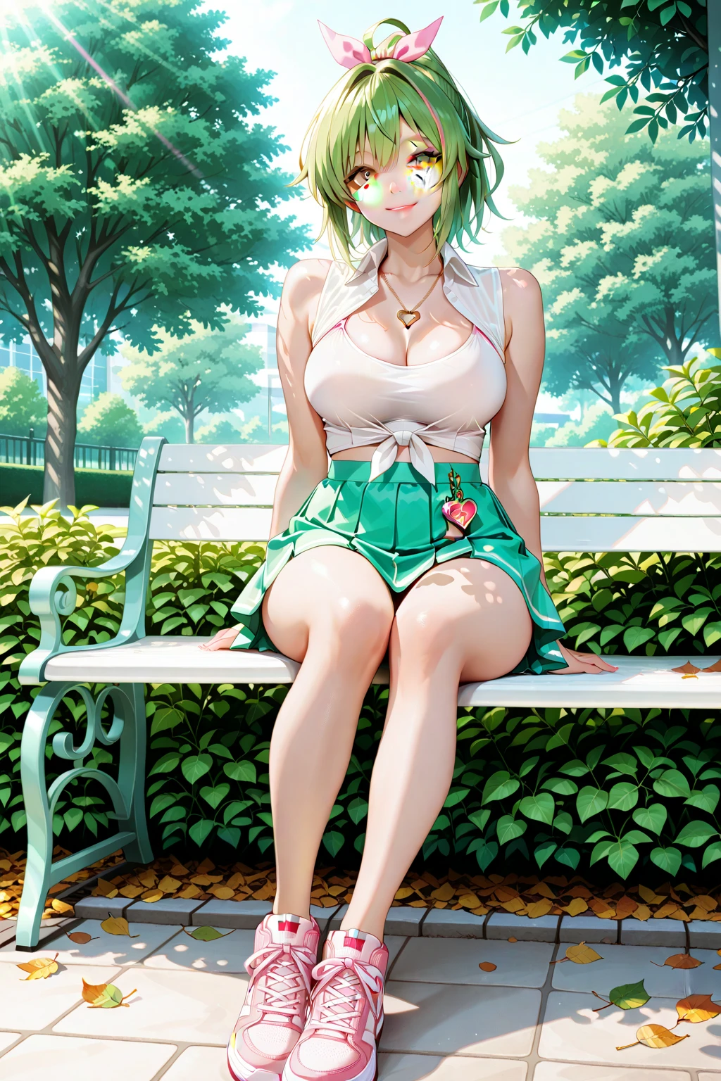 ((Biologically correct limb count)),((Natural finger shape)),((Full Body Shot,Including face)),Standing position,4K,masterpiece,((Focus on the face)),((Symmetrical facial features)),Eye for detailed depiction,Beautiful woman,Excellent style,Beautiful feet,(Small Ass,Thin thighs),(Patterned black stockings,High heels),Detailed depiction of the face,Small earrings,necklace,Low angle photo,((Pastel green lace bra and lace panties,Lifting the skirt to reveal panties)),Park scenery on a holiday morning,Strong sunlight,(((A facial expression of pleasure))),(((Lean your body back and sit on the ground))),((Hands lifting from under your chest)),(Face the camera),profile,Bright green hair