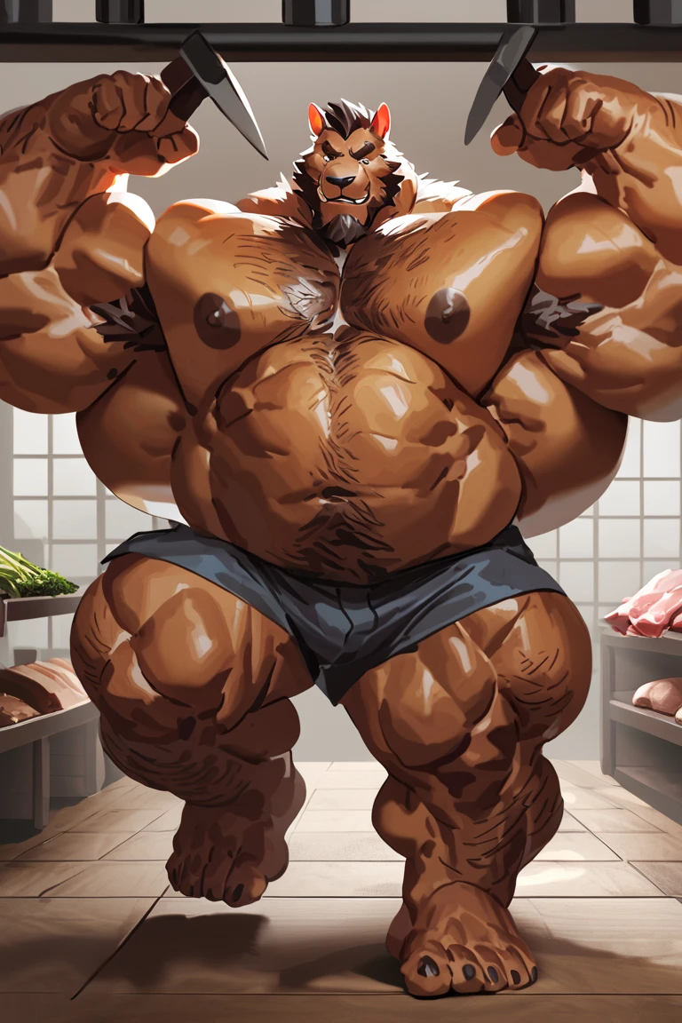 lindong, lucusold, a man with a huge muscular and fat bear making a bread in kitchen , ((muscular, musclegut, belly)), thicc, giant and muscular, danbooru and artstation, heavy detailed, insanely inflated hips, proportionally arms, commission for high res, detailed but rough, semirealistic:1.3