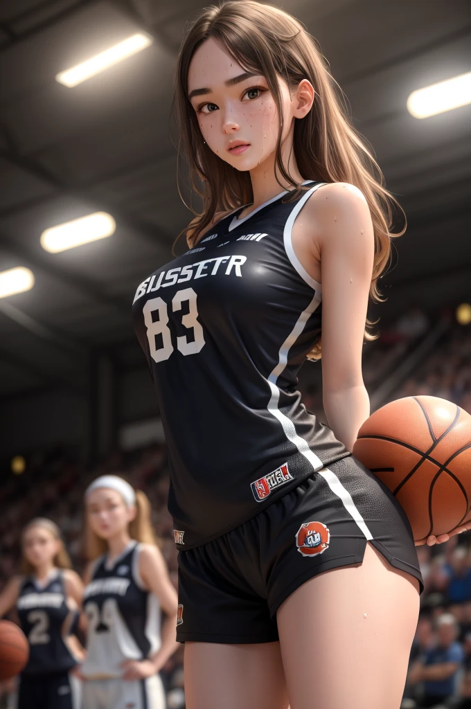 Masterpiece: 1.2, best quality), realistic, (real picture, rich details details, depth of field), (1girl, solo), makeup, cleft lip, high detail, perfect face shape, (big breasts: 1.4), (skindentation ), rough Thighs, Wide Hips, Slim Waist, Tall, Coral, Red Lips, Red Eyes, Ponytail (Girl Playing Basketball, Red Basketball Jersey), (Sweat: 1.2), (Wet), Sexy, Blushing,