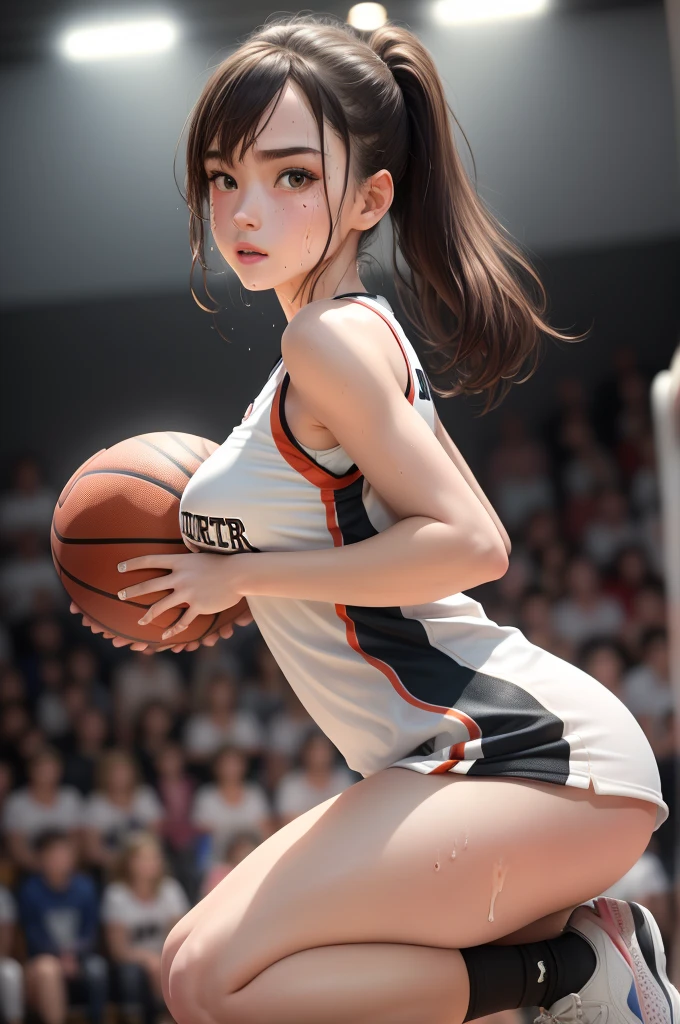 Masterpiece: 1.2, Best quality), Realistic, (Real picture, rich detail details, depth of fields), (1girll, Solo), Makeup, harelip, High detail, Perfect face shape, (Big breasts: 1.4), (skin indentation ), thick thight, Wide hips, Big breasts Thin waist, Tall guy, coral, Redlip, red - eyed, horse tailed,((((Girl playing basketball, Transparent black basketball suit)))), (sweat leggs: 1.2), (dampness), Raised sexy, Be red in the face,Sweaty,((good hands)),
ชุดรัดรูป, กางเกงในสีขาว, เปียก,