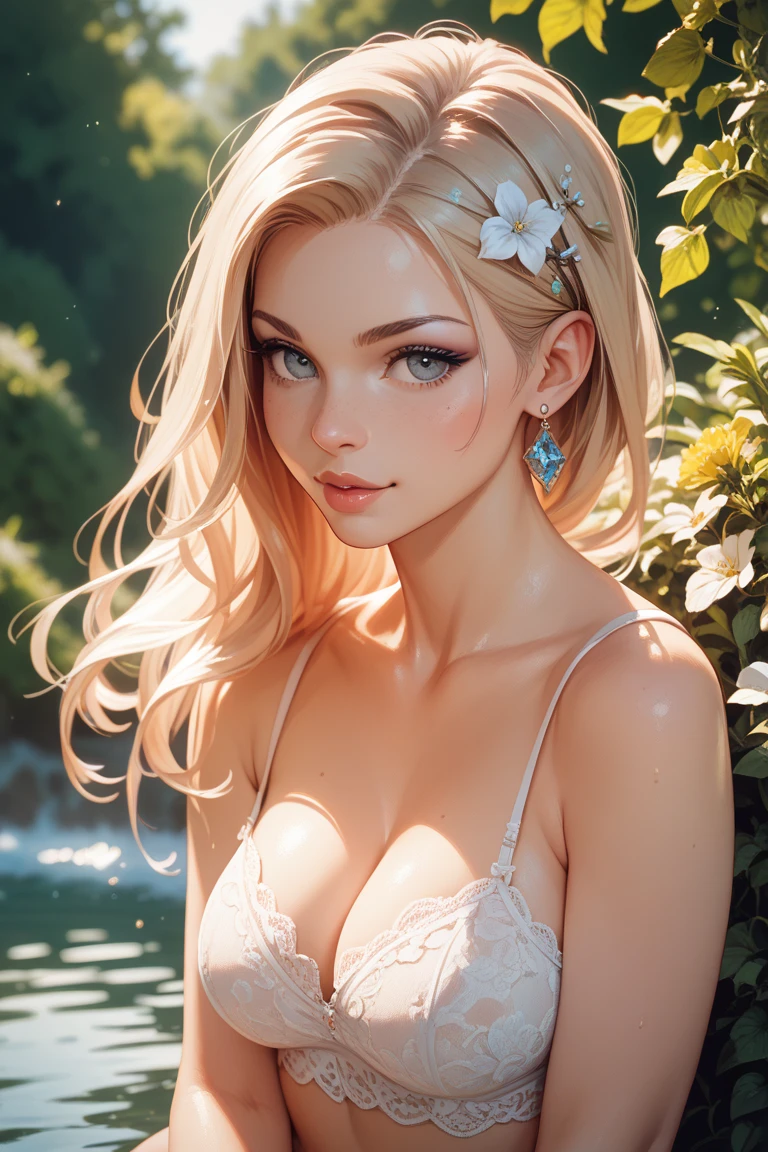 score_9, score_8_up, score_7_up, Girl's profile picture, light green long hair with bangs, light blue petals on cheeks, realistic skin texture, detailed picture, HD32k