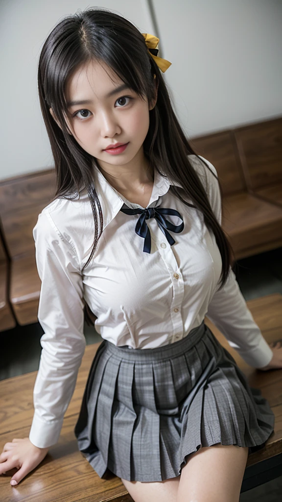 (8K, RAW Photos, Highest quality, masterpiece:1.2), (professional photography, full colors, studio-caliber color grading), (Gravure quality for high-end fashion magazines), BREAK,18 year old girl, (fluffy ponytail:1.2), Big Natural Color Lip, Plumpy body, (smooth skin:1.1), huge breasts, BREAK, (collared shirt:1.1), pleated skirt, knee high socks, BREAK, hotel room, cute , lolita