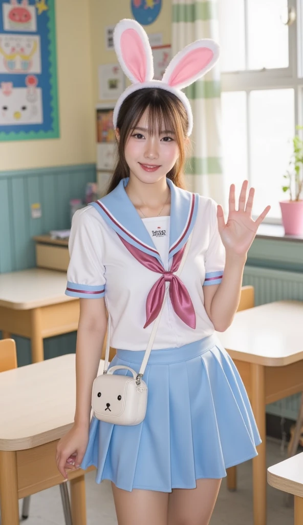 masterpiece, best quality, highres, mikuru1, 1girl, asahina mikuru, long hair, kita high school uniform, solo, blue sailor collar, sailor collar, serafuku, blue skirt, skirt, short sleeves, red ribbon, large breasts,