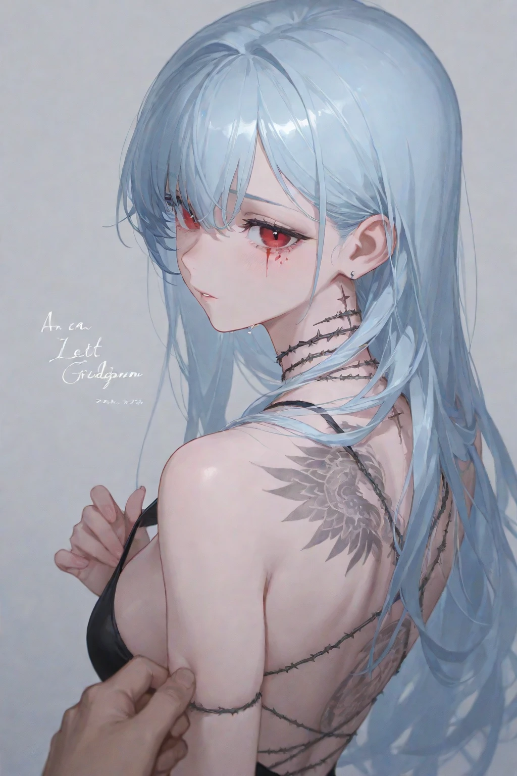 Ultra-high-definition 2D art, close up (1womanl), hair light blue, 2D animation style, Soft and delicate representation, oriental tattoos, pay attention to your full body tattoos (full - body art), landscape mode, masterpieces by Guweiz and James Jean, Irezumi style tattoo designs, A beautiful girl with blue hair 