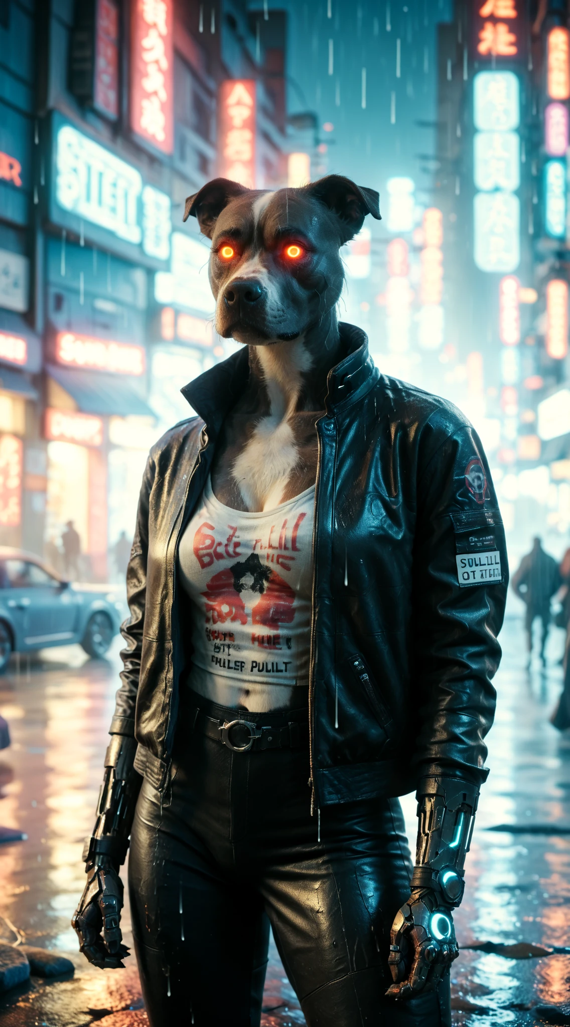 ((anthro)) ((pitbull)) woman in a biker jacket. Set against a rainy street filled with neon signs. cyberpunk style, gritty, partial cybernetics, wet, one glowing eye, in the style of Blade Runner, in the style of Cyberpunk 2077