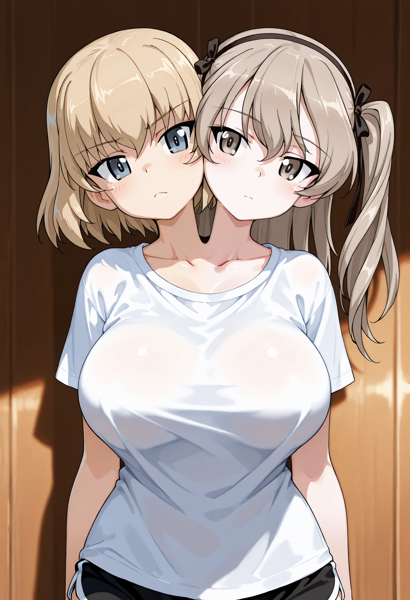 Two cute beautiful girls、Touching the chest、Big Breasts、(Laughing, shocked, and blushing:1.3)、Beautiful Eyes、Brown skin、Braid、upright、Lift up your skirt、anus