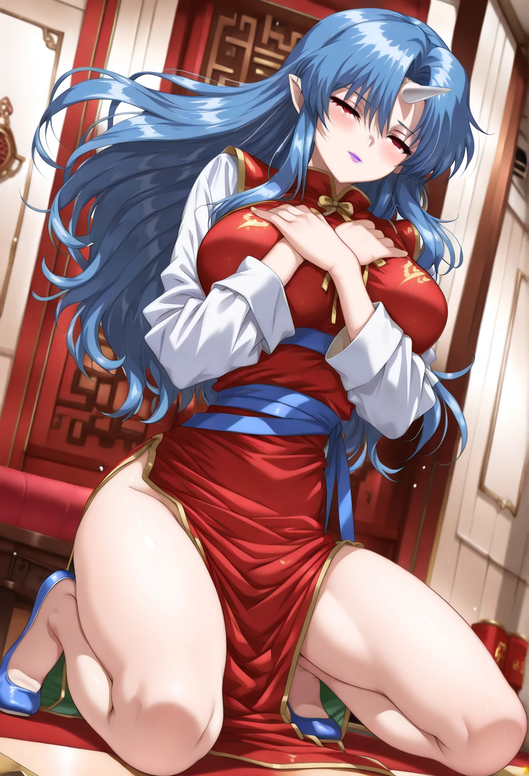 masterpiece, best quality,  def_lilina, {angry}, china dress, standing on one leg, {leg_lift}, 1 girl, {{{standing_split}}}