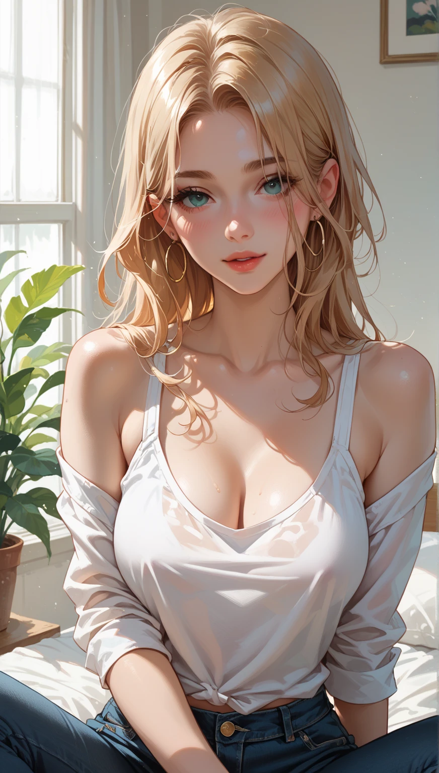 1 girl, Natural photography of a beautiful girl, wearing a loose crop top, leaning over, medium hair, big bust, locks eyes into the camera, symmetrical eyes, symmetrical face,  (masterpiece) (best quality) (detailed) (8k) photorealistic, photography, path tracing, specular lighting, volumetric face light, path traced hair, visible shadows, intricate, elaborate, oiled , cleavage, wet skin, flirty, , blush, dark eyeliner, hanging breasts, girl bending over, strap gap, leaning forward
