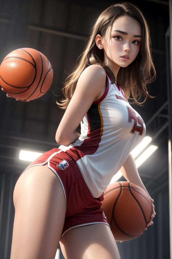 Masterpiece: 1.2, Best Quality), Realism, (Real Pictures, Intricate Details, Depth of Field), (1girl, Solo), Makeup, Lips Apart, High Detail, Perfect Face, (Huge Breasts: 1.4), (Skindentation), ((Slender Legs)), Wide Buttocks, Thin Waist, Tall, Coral Lips, Long Hair, Dark Eyes, ((Haruko Akagi, Red Basketball Suit, Denim Shorts)), (Sweating: 1.2), (Wet), Sexy, Blushing,
