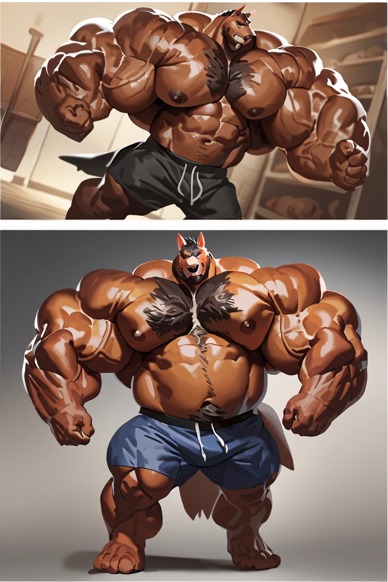 solo, doberman, canine, twins, 60 year old male, ((crossing arms:1.3)), different facial expressions, intimidating, mad, frowning, three identical heads attached to the same body, doberman ears, bald, black and brown fur, masculine, three necks, eyes, adult, male, (3d, by Disney), (overweight, fat, obese, big belly), beards, stubble, black background, (shirtless, navel, male nipples, boxers), correct hands, correct anatomy, (ultradetailed, best quality, detailed masterpiece, highly detailed masterpiece, 4k, professional cartoon:1.7), (natural pose, sexy pose)