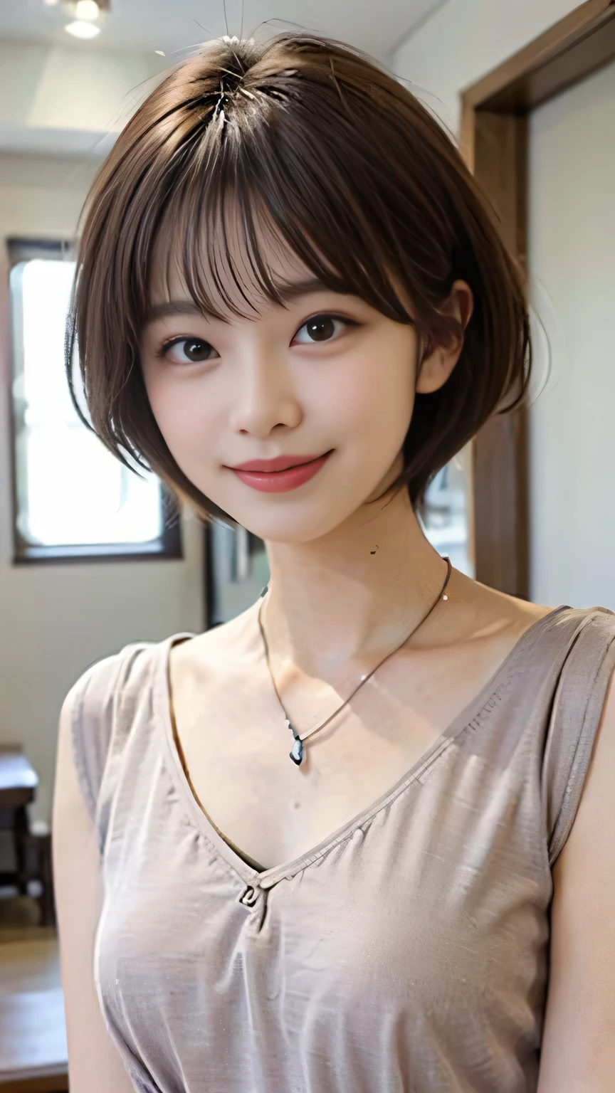 (highest quality、8K、32K、masterpiece、nffsw:1.2)、Photo of Japanese woman in her 20s、very short bobbed hair、Upper body、necklace、shot from above、Don&#39;Don&#39;Don&#39;Don&#39;don&#39;t look at the audience、(realistic、Photoreal:1.37)、1 girl、Shot in natural light、Physically based rendering、excellent image quality、High resolution、1080P、(Detailed facial description)、(Detailed explanation of hands)、(Detailed CG)、Rich details、(exquisite features)、(best image quality)、(masterpiece)、(fine eyes)、delicate clavicle、Versatile poses、profile、white wall、Taken in front of the white door、(窓のあるwhite wallの部屋)、earrings、laughter、Spring clothes、 shortcut、short hair、((white blouse))