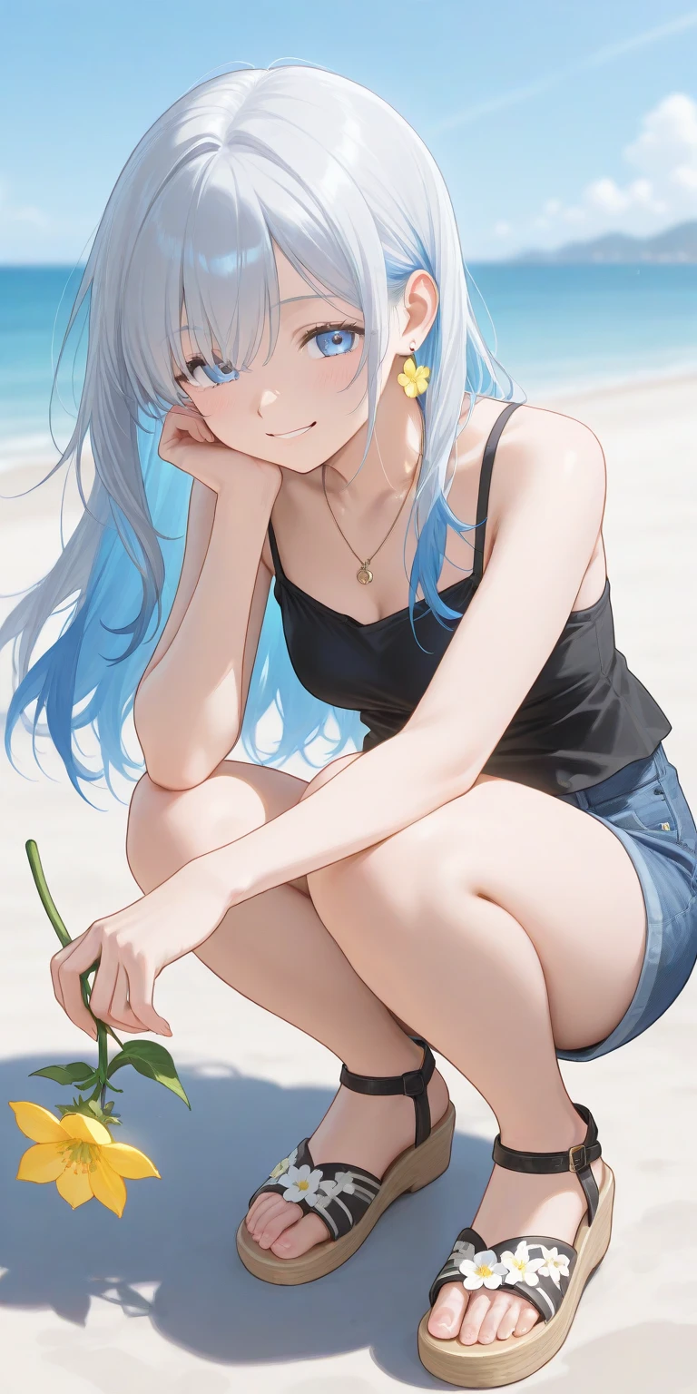 medium breasts, wearing bath towel, armpits, blushing, cowboy shot, on the beach, relax pose, sitting spreading legs