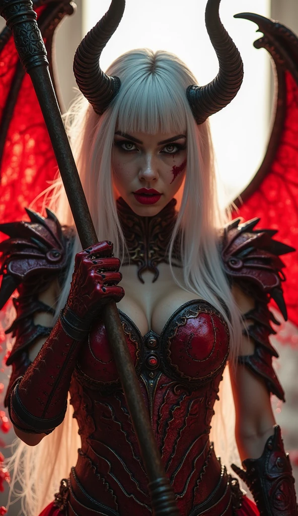 A supercute blonde model, clad in a zombie-style outfit, poses for a 8k ultra realistic photograph. Her long, wavy blonde hair cascades down her shoulders, styled with messy, disheveled texture to fit the undead theme. Her sparkling blue eyes are accentuated by heavy, dark makeup, and her lips are painted a bold, red hue. Her body is slender, with curves in all the right places, adding to her cuteness. Her clothing is torn and tattered, revealing underlying detail at every fold and rip. The intricately designed zombie outfit covers her in intricate detail, with subtle textures and realistic skin tone. The background