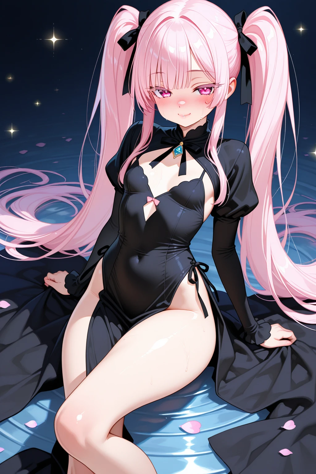 1female、When I was reincarnated, I was a slime character（Mirim）、​masterpiece、top-quality、precise、animesque、Demon King Mirim、A pink-haired、Twin-tailed、Black Bikini Armor、small tits、a smile、