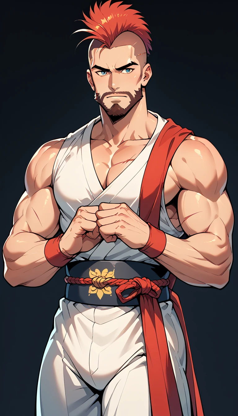 source_anime, in kinu-sensei artstyle, male focus, solo, 1boy, zangief, muscular, beard, facial hair, abs, mohawk, scar, chest hair, white background, cropped feet, <lora:Kinu_Nishimura_Capcom_Style_LoRA_Pony-000010:0.8>