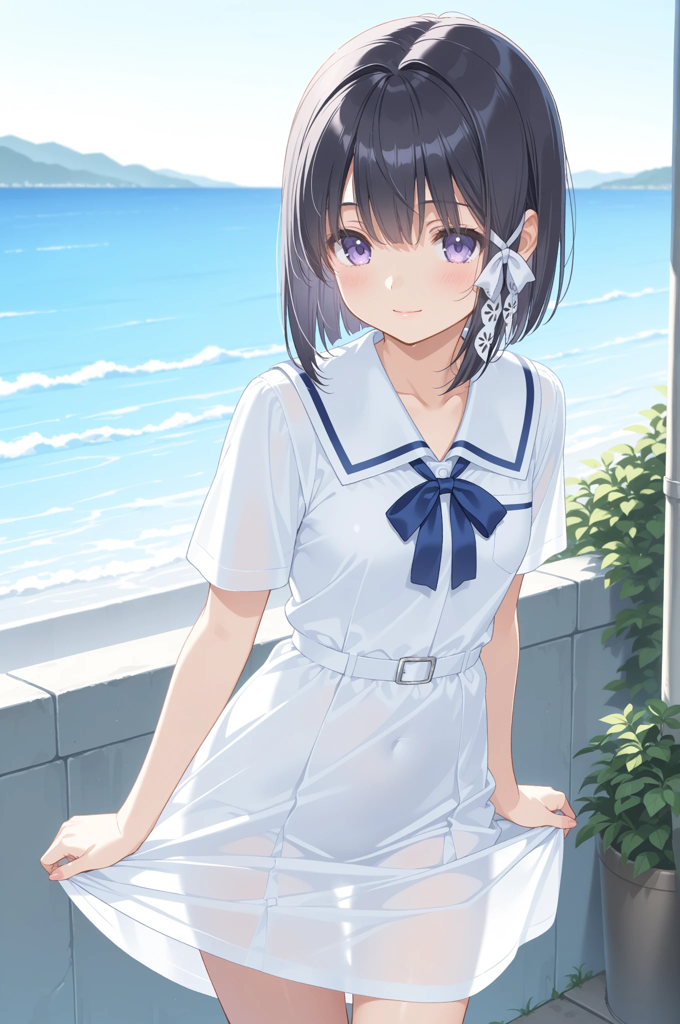 <Quality Improvement Prompts>
((1girl)),sexy body,(((Perfect hands,Perfect Anatomy))),(masterpiece:1.1), (best quality:1.1), ((Beautiful detailed eyes: 1.6)),smaller eyes,((Very detailed face,perfect face)),(glorious skin),NSFW,
<Character appearance、Background and other prompts>
(((toru asakura, blue hair, earrings, gradient hair, multicolored hair, parted bangs, purple hair,short hair,shiny hair,))),
BREAK
(white theme:1.3), (fusion of white sundress and white school uniform:1.4), ((white pleated-skirt, white skirt):1.5), (white beret with light-blue ribbon:1.4), (white shirt with blue sailor collar:1.4), (short sleeve:1.2), (light-blue ribbon:1.3), (blue line on white skirt:1.2), ((white socks, loafers):1.2),
<expressioness、illuminating、Other Prompts>
oft light,rim light,sidelights,
BREAK
looking at viewer,seductive smile;p
BREAK
(sunbeam, sunshine, wind, beach, seashore),