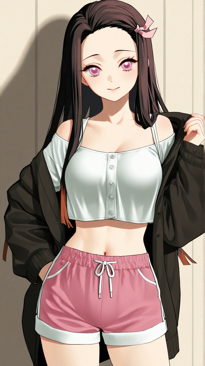 score_9, score_8_up, score_7_up, source_anime, , beautyful mature japanese woman, skinny slender body, pink jacket, lax face, black big chocker, lowered black jeans,big long fringe black hair, black lipstick, black bra, SMOKING, pink panties