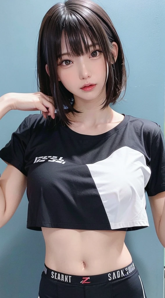 Female college student，Big Tituscular，Athletic build，Broad shoulders，Has biceps，Summer clothes，skirt，Tank top，Thick thighuscle training girl，short hair，Brown Hair