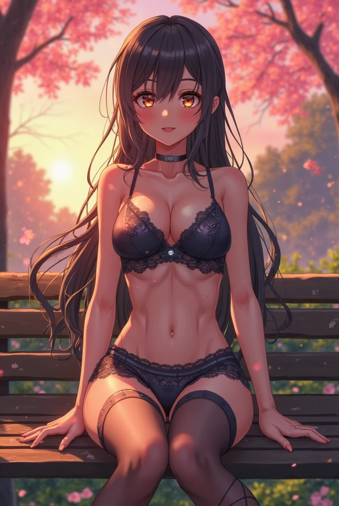 A anime girl sitting on a bench spread 90°open legs and tongue out of mouth with super tight woody and pajama