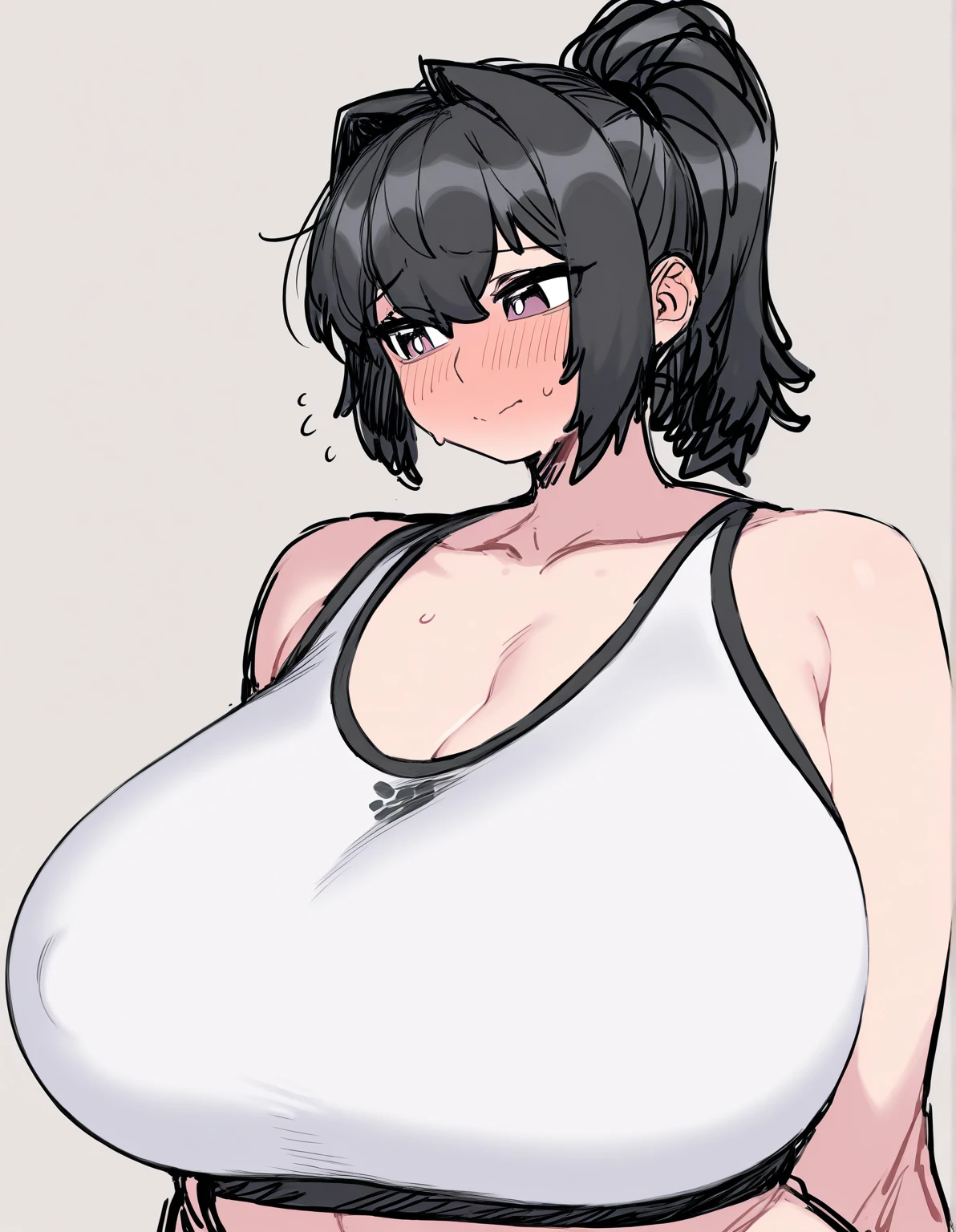 1 Woman Side view NSFW:1.9 Naked::1.9 (Kissing face, pouting lips, closing eyes) 、BREAK,(Tall woman, black hair, short hair, ponytail:1.9 Swept-to-the-side bangs, beautiful, cute, big breasts, sweat, excitement, blushing),