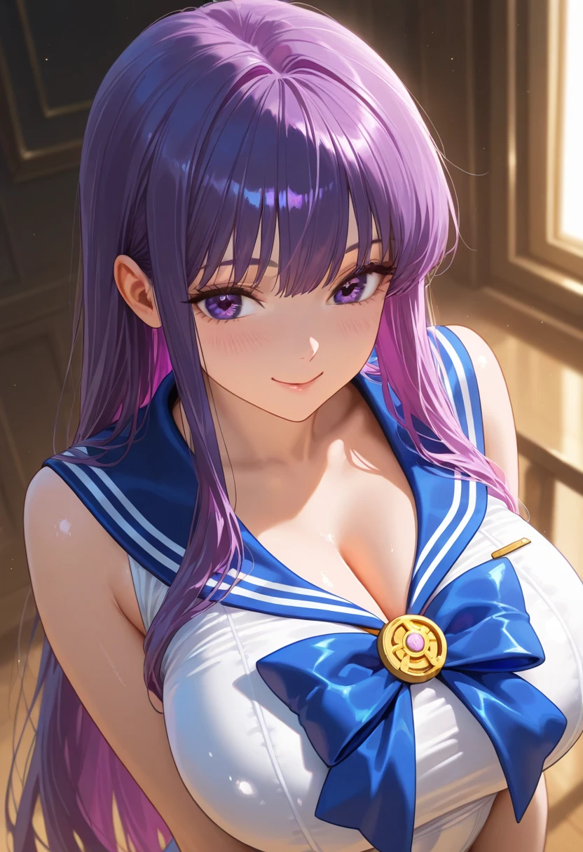 ((from front, upper body, leaning forward,)) large breasts:1.6, masterpiece, best quality, (intricate details:1.2), (scenery:1.11), solo, face focus, close up, ultra high res, right anatomy, detailed skin, beautiful face, 1 girl, cleavage, sailor cosmos, standing, long hair, skirt, hair ornament, twintails, jewelry, purple eyes, white hair, pleated skirt, earrings, choker, sailor collar, hair bun, cape, double bun, facial mark, white skirt, brooch, white sailor collar, hairpin, forehead mark, white choker, sailor senshi uniform,